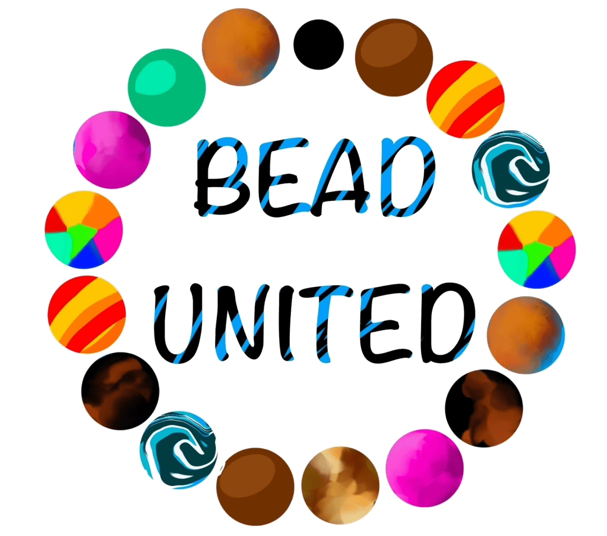 A circle of different colored balls with the words bead united in it.