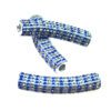 A group of four blue and white beads.