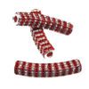 A pair of red and silver metal bicycle handlebar grips.