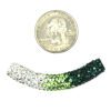 A coin and some green white and black beads
