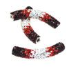 A pair of red, white and black beads.