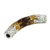 A curved tube of silver, brown and white beads.