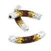A pair of white, brown and yellow earrings.