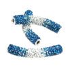 A pair of blue and white bicycle handlebar grips.
