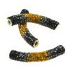 A pair of black and gold beads with rhinestones.