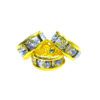 A group of three yellow and blue bracelets.