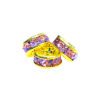 Three yellow and purple ribbons on a white background.