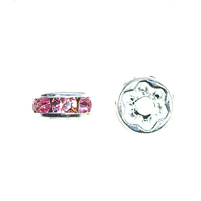 A silver bead with pink stones on it.