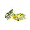 A pair of gold colored metal beads with clear stones.