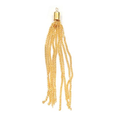 A gold colored tassel hanging from the side of a white wall.