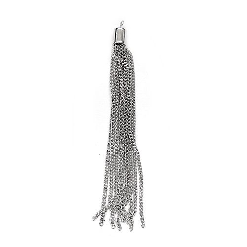 A silver chain tassel hanging from the side of a white wall.