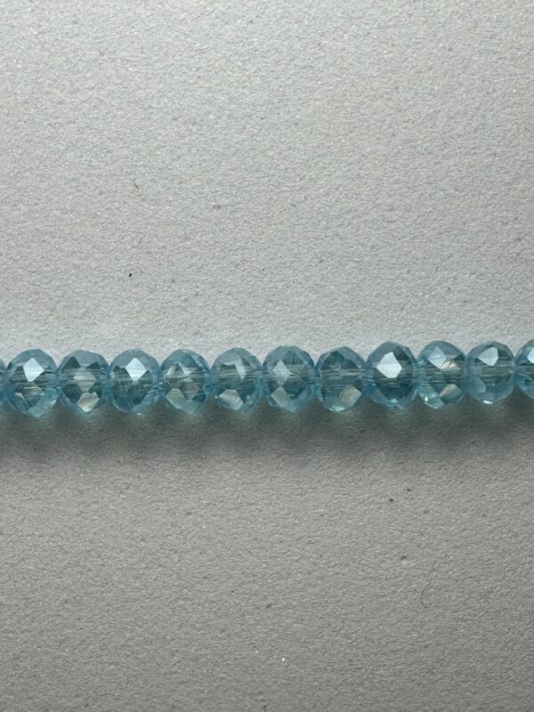 Row of blue faceted glass beads.