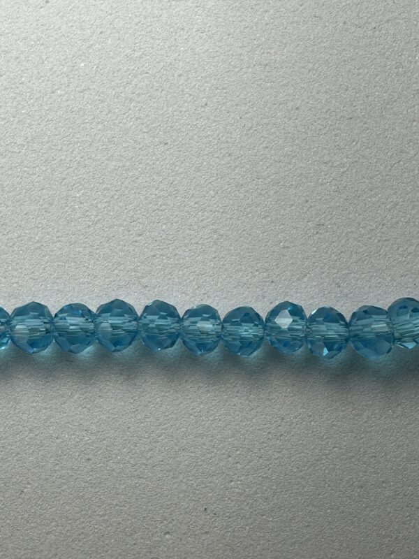 Row of blue faceted glass beads.