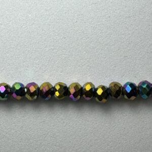Row of iridescent faceted beads.