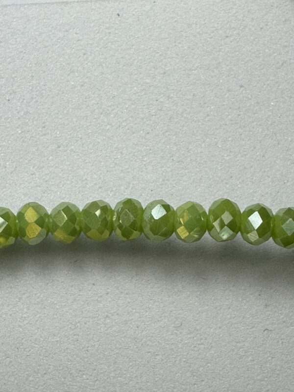 Row of green faceted glass beads.