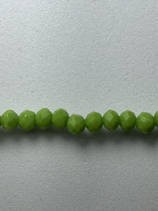 Row of green faceted glass beads.