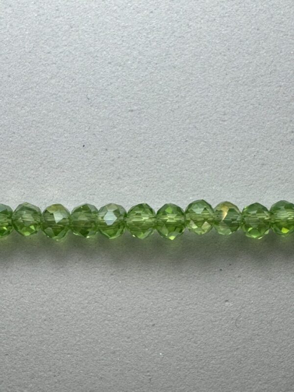 Row of green faceted glass beads.