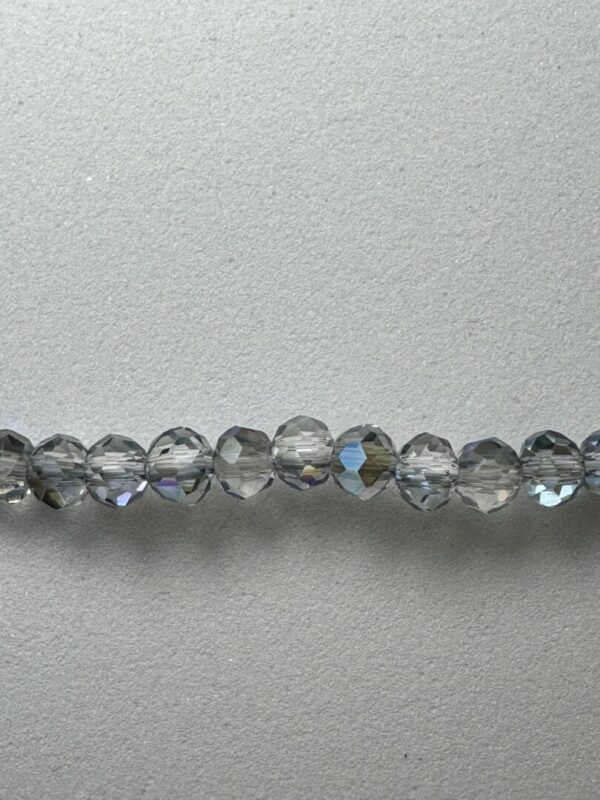 Row of faceted iridescent glass beads.