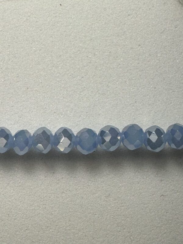 Row of blue faceted glass beads.