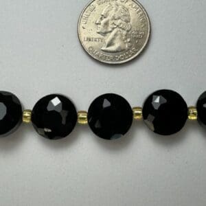 Black gemstone beads with gold spacers.