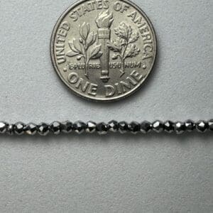 Dime-sized black beads next to coin.